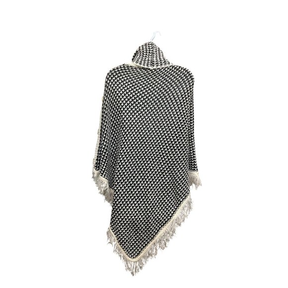 Loose High Neck Fringed Knit Black White Poncho Cape - Picture 5 of 7